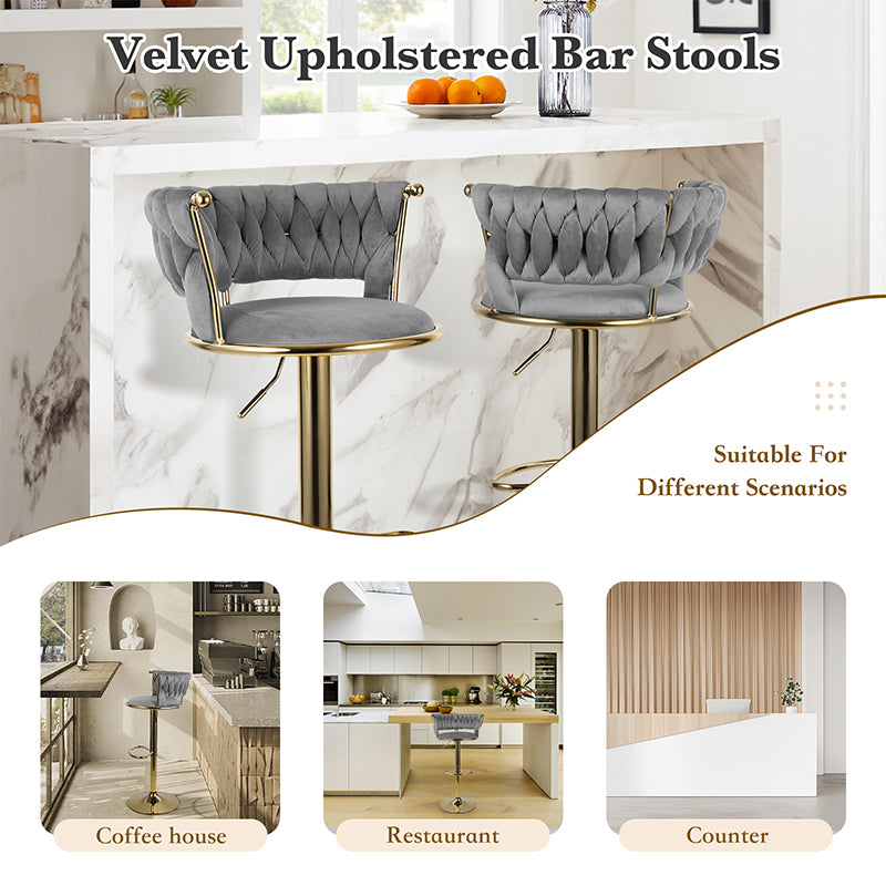 Adjustable Bar Stools Set Of 2, Woven Velvet Bar Stools With Gold Metal & Lumbar Support, Upholstered Counter Height Bar Chairs