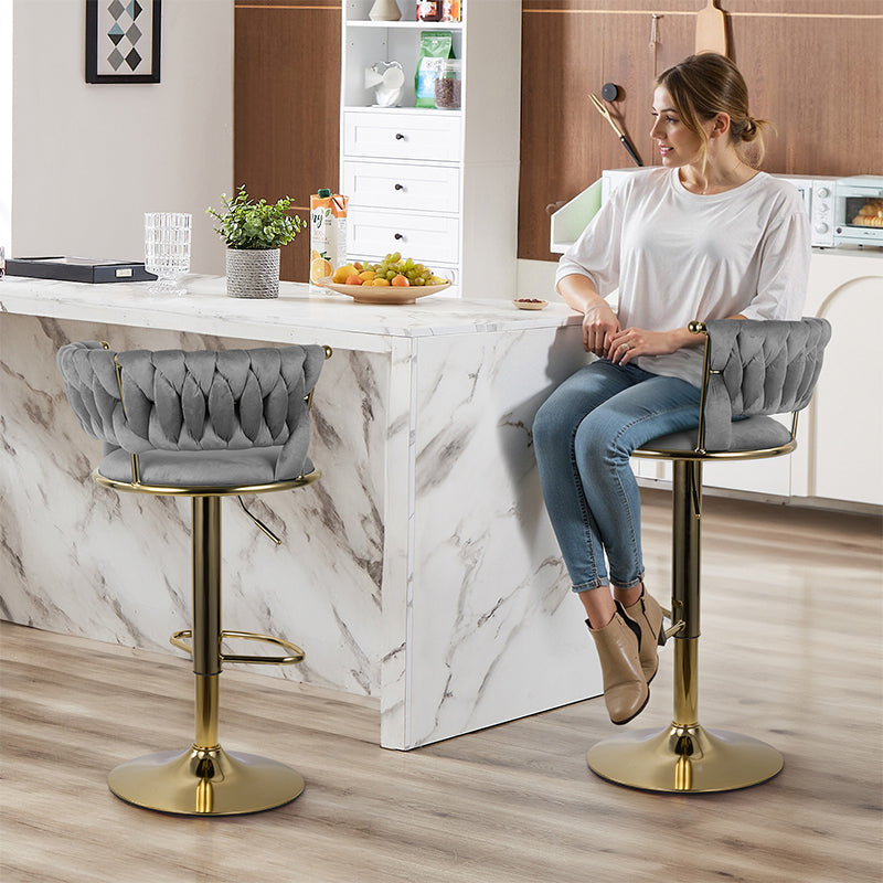 Adjustable Bar Stools Set Of 2, Woven Velvet Bar Stools With Gold Metal & Lumbar Support, Upholstered Counter Height Bar Chairs
