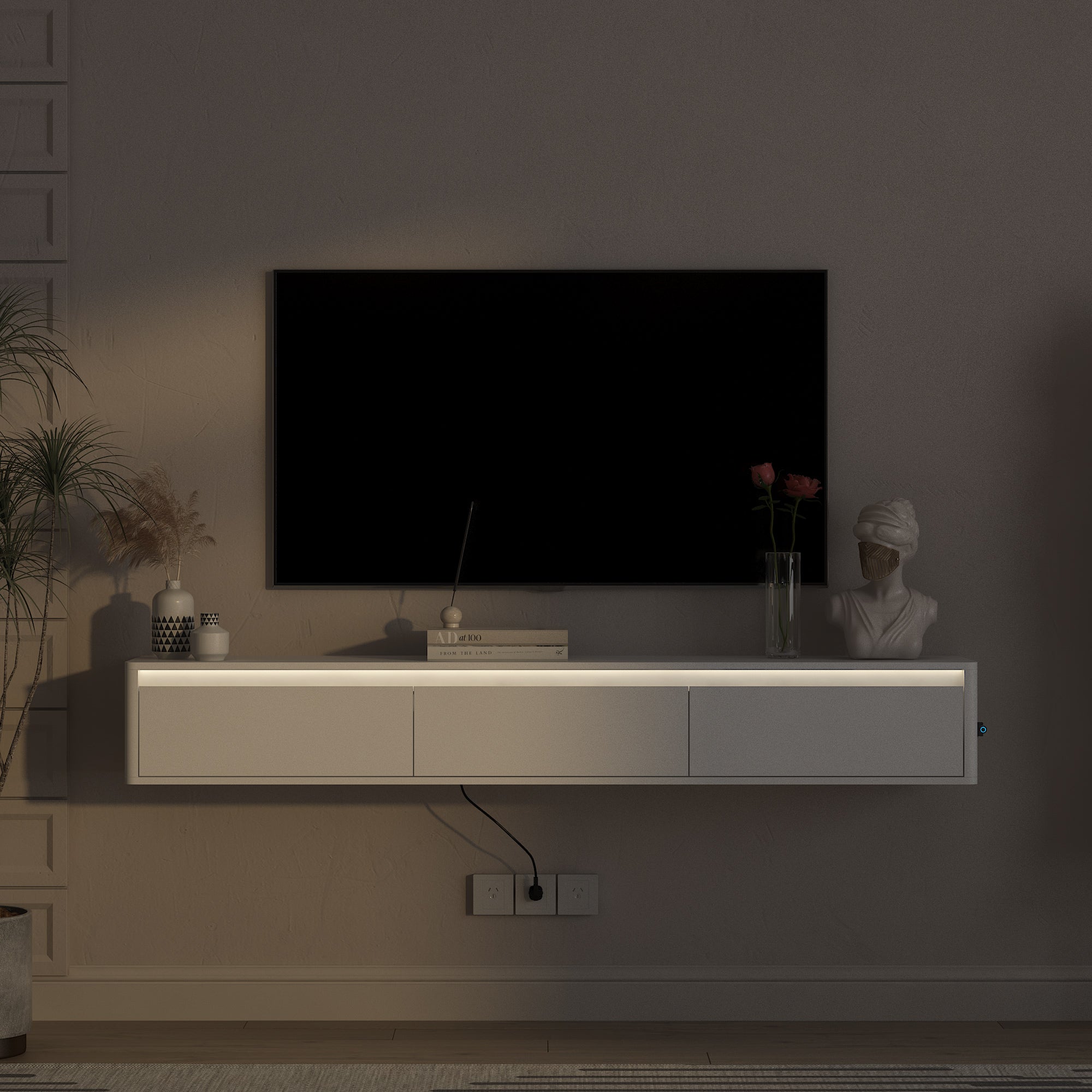 Floating TV Stand, Wall Mounted TV Shelf With Led Lights & Power Outlet,High Gloss TV Cabinet For White Tv Stands For Living Room