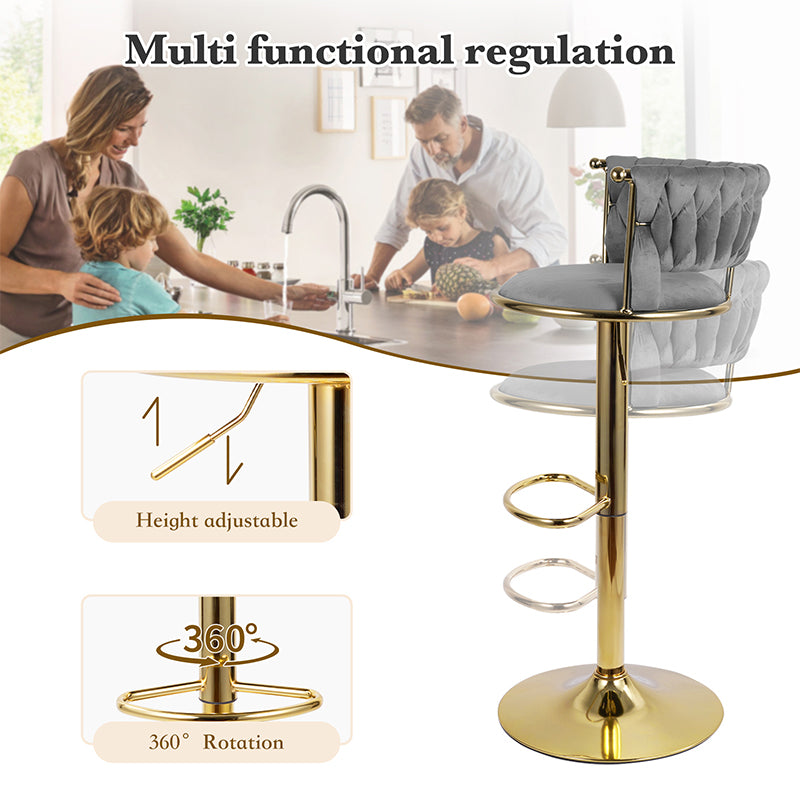 Adjustable Bar Stools Set Of 2, Woven Velvet Bar Stools With Gold Metal & Lumbar Support, Upholstered Counter Height Bar Chairs