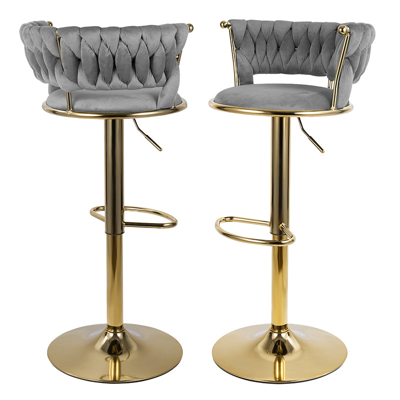 Adjustable Bar Stools Set Of 2, Woven Velvet Bar Stools With Gold Metal & Lumbar Support, Upholstered Counter Height Bar Chairs