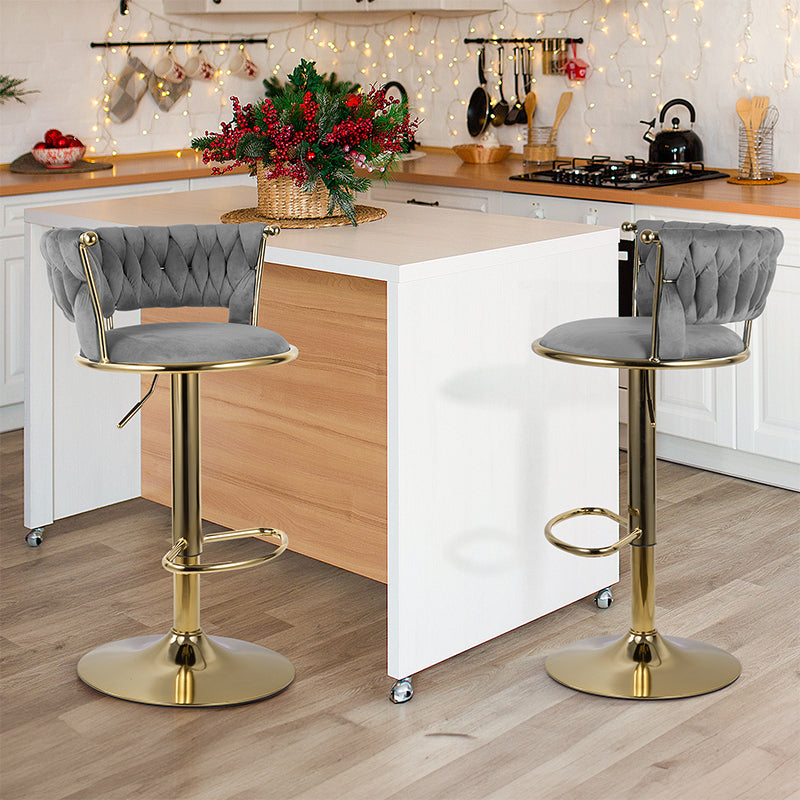 Adjustable Bar Stools Set Of 2, Woven Velvet Bar Stools With Gold Metal & Lumbar Support, Upholstered Counter Height Bar Chairs