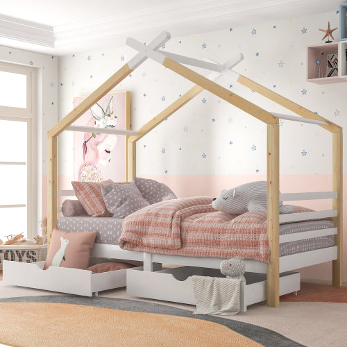 Kids Single Bed Frames Toddler Beds Storage Underneath 3FT Single Bed With Storage Solid Pine Wood House Tree Canopy Bed For Children Girls And Boys Toddler Bed Wood