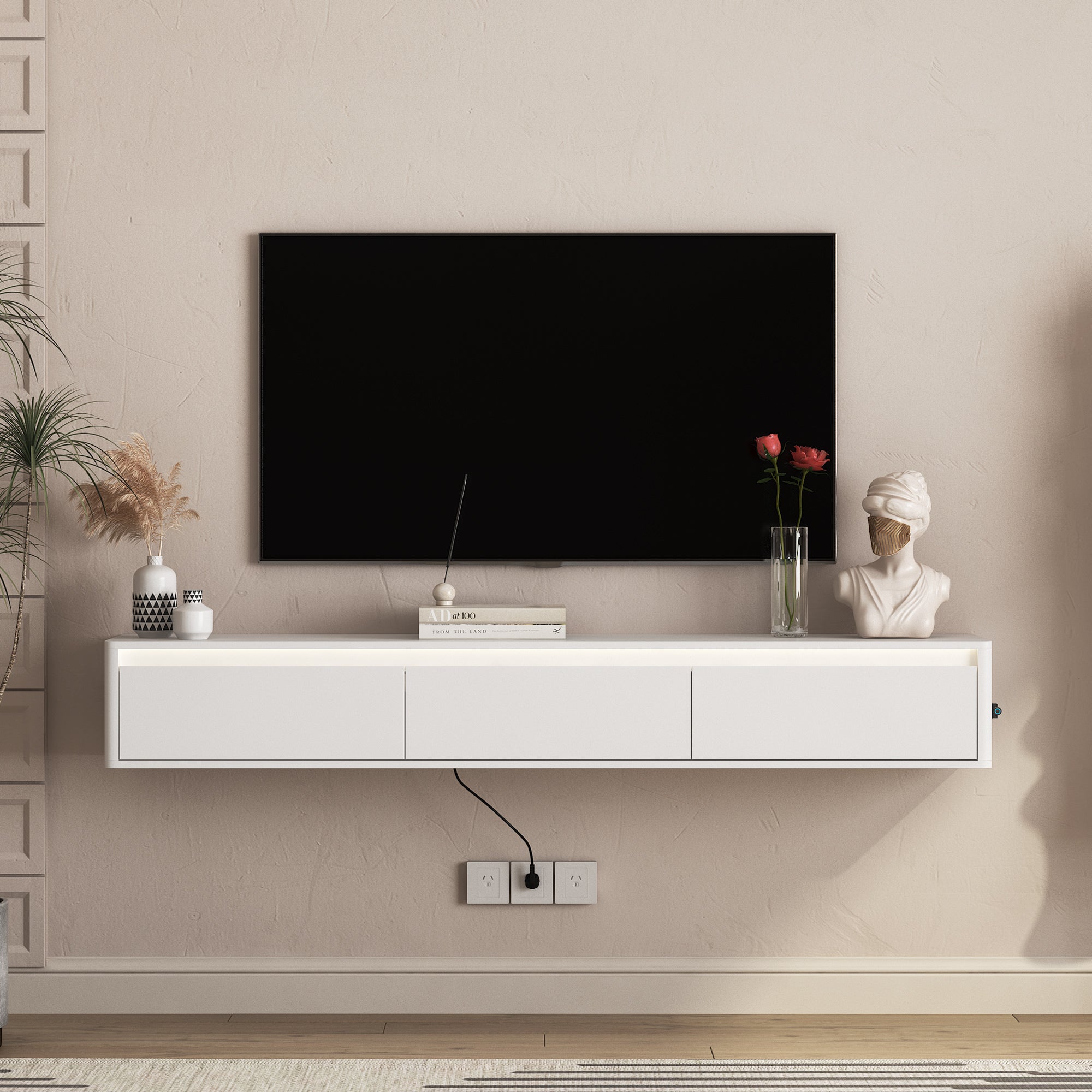 Floating TV Stand, Wall Mounted TV Shelf With Led Lights & Power Outlet,High Gloss TV Cabinet For White Tv Stands For Living Room