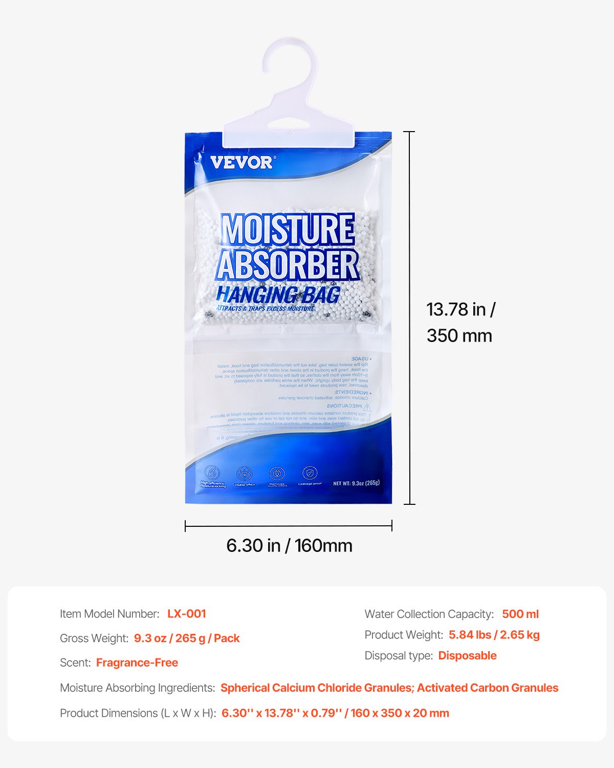 VEVOR HangingMoisture Absorber, 9.3 Oz Hanging Closet Dehumidifier Bags 10 Packs, Fragrance FreeMoisture Bags In Wardrobes, Bedrooms, Bathrooms