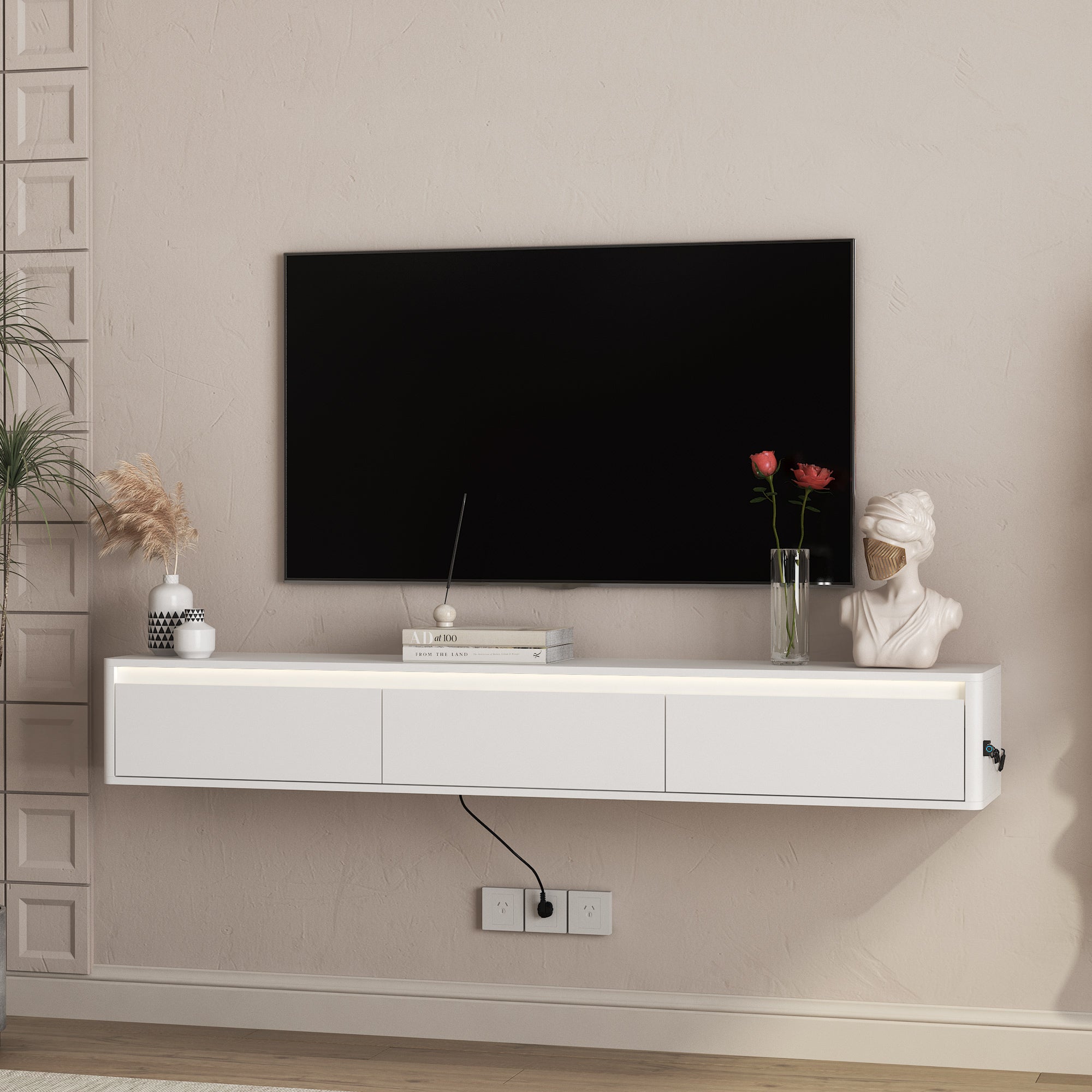 Floating TV Stand, Wall Mounted TV Shelf With Led Lights & Power Outlet,High Gloss TV Cabinet For White Tv Stands For Living Room