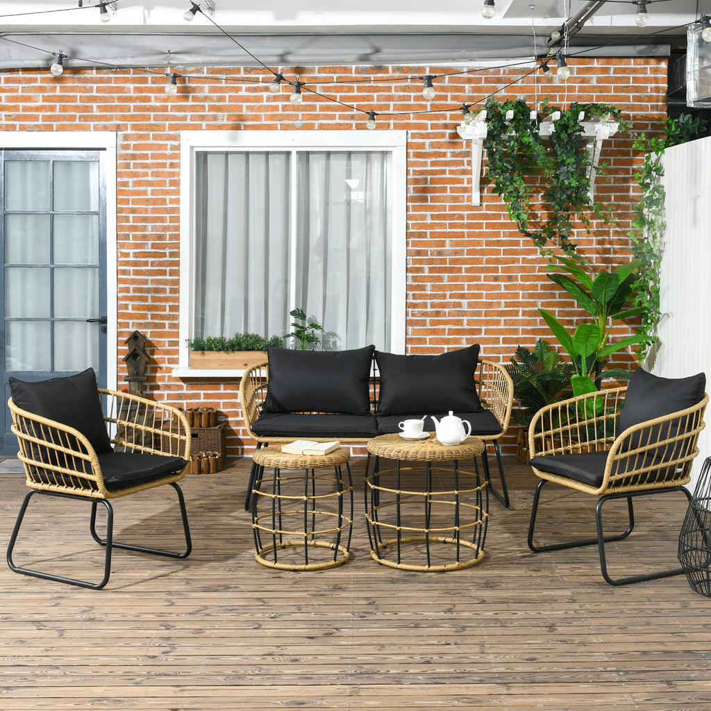5 Piece PE Rattan Outdoor Furniture Set with Cushioned Chairs, Loveseat Sofa & Stackable Coffee Tables, Black