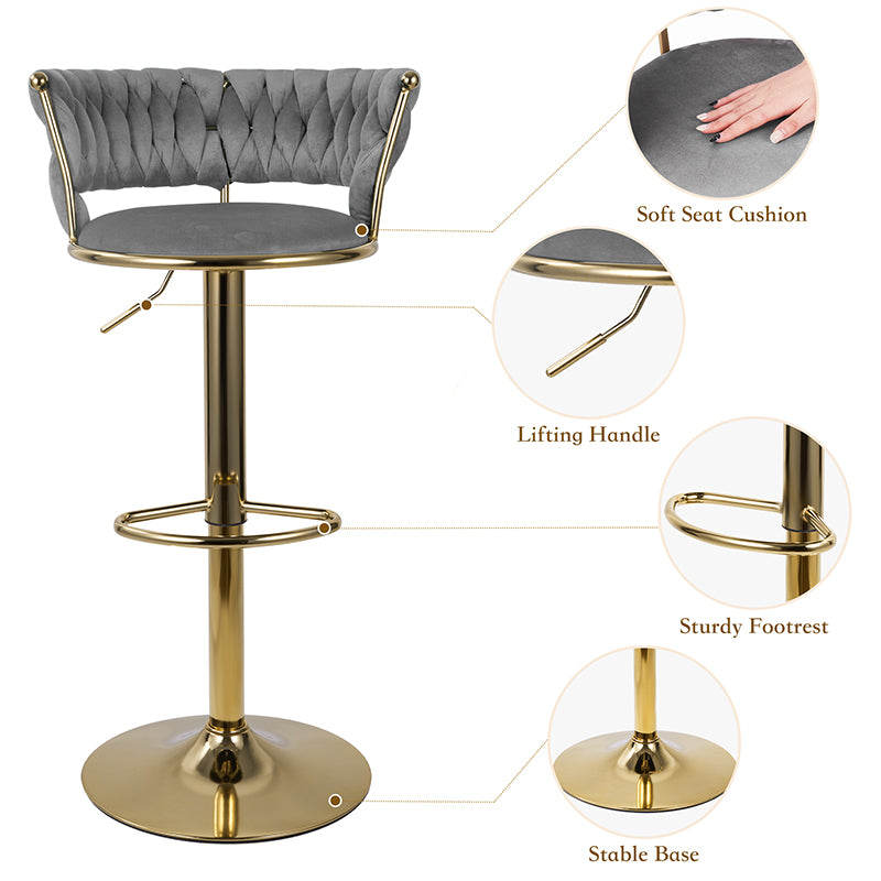 Adjustable Bar Stools Set Of 2, Woven Velvet Bar Stools With Gold Metal & Lumbar Support, Upholstered Counter Height Bar Chairs