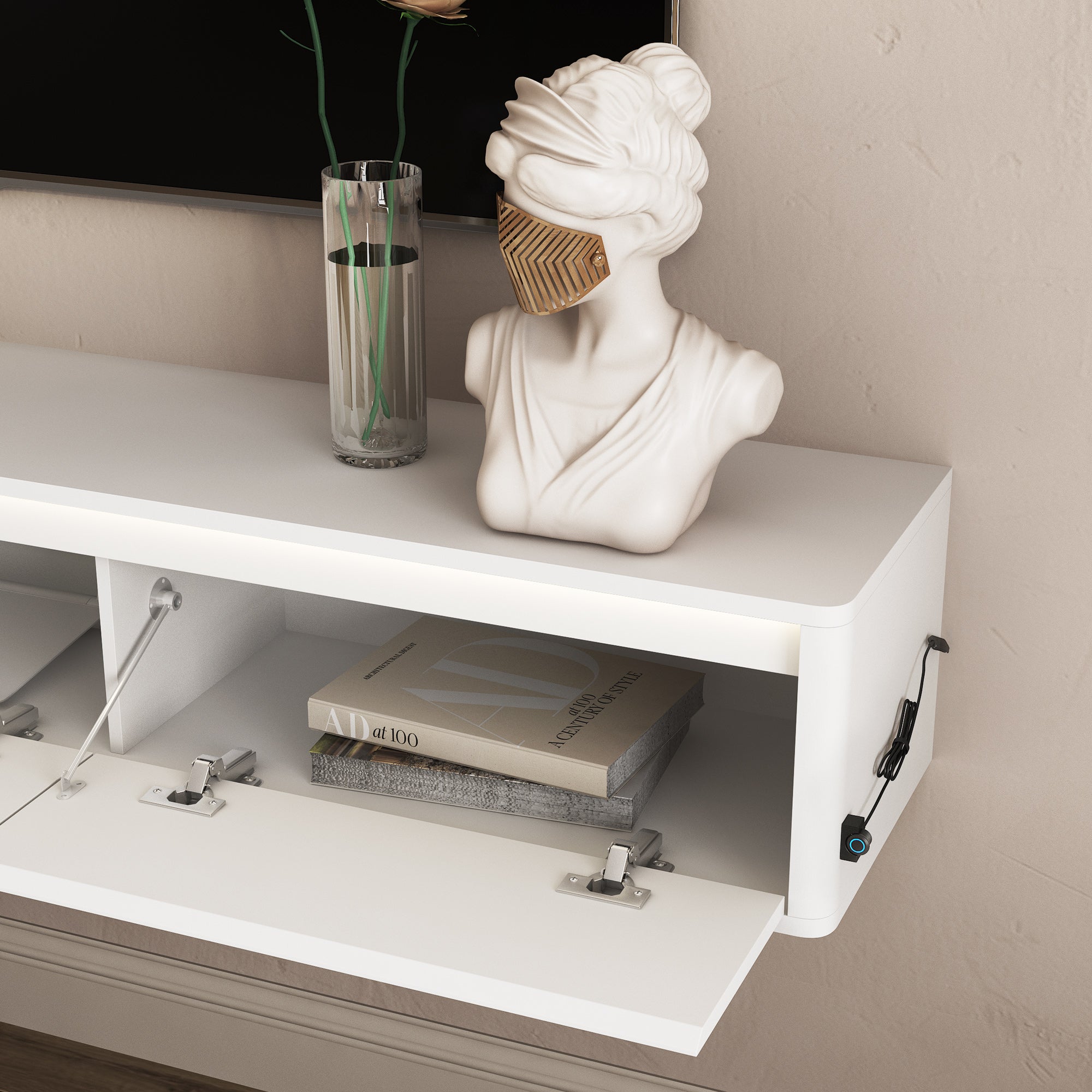 Floating TV Stand, Wall Mounted TV Shelf With Led Lights & Power Outlet,High Gloss TV Cabinet For White Tv Stands For Living Room