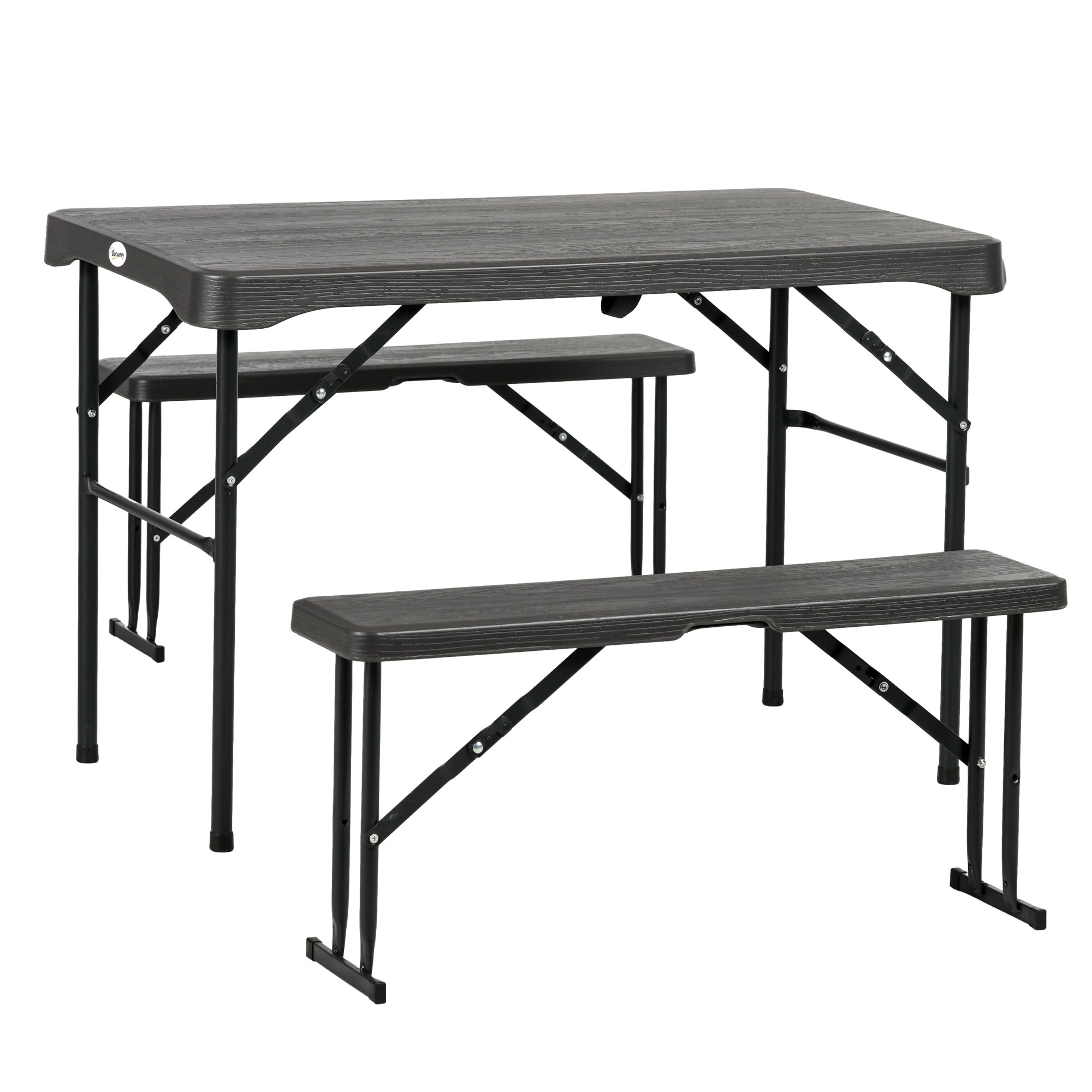 Folding Picnic Table With 2 Benches, 3-Piece Portable Garden Furniture Set For 4, Dining Table Set With Plastic Top, Steel Frame, Dark Grey