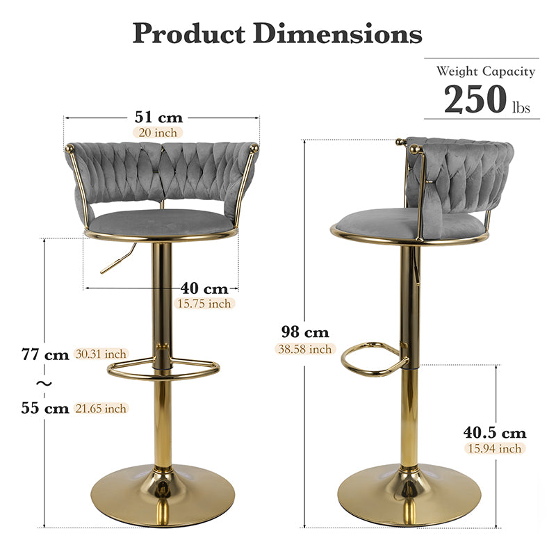 Adjustable Bar Stools Set Of 2, Woven Velvet Bar Stools With Gold Metal & Lumbar Support, Upholstered Counter Height Bar Chairs
